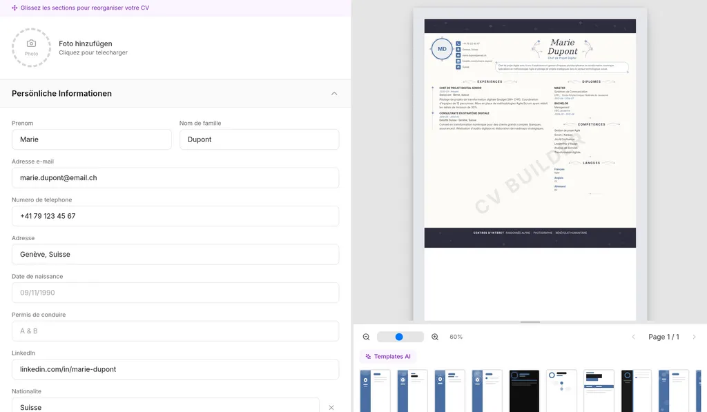 Vorschau eines professionellen Lebenslaufs mit CV Builder